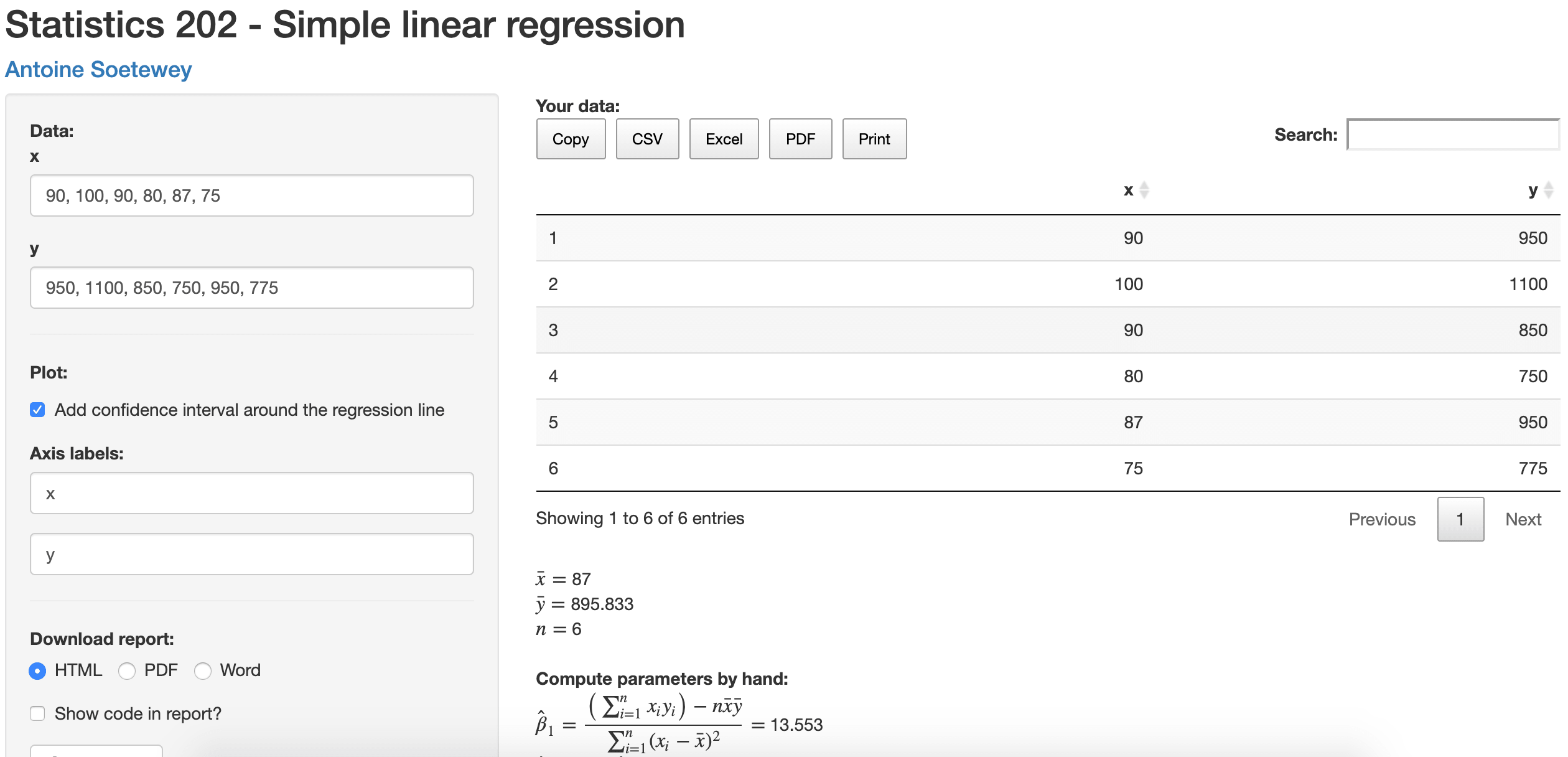 A Shiny app for simple linear regression by hand and in R - Stats and R